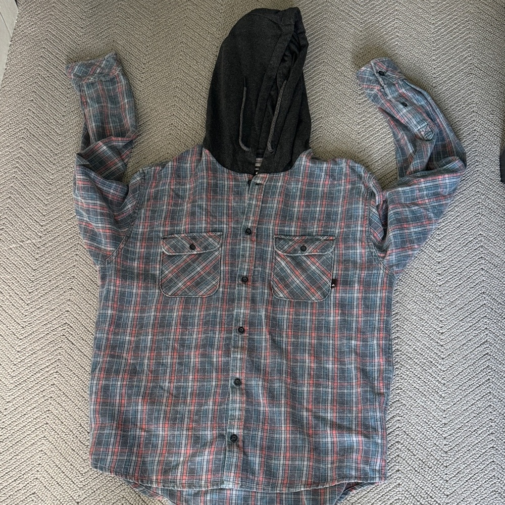 Quiksilver Men's Plaid Hooded Shirt - Blue and Red NEVER WORN!